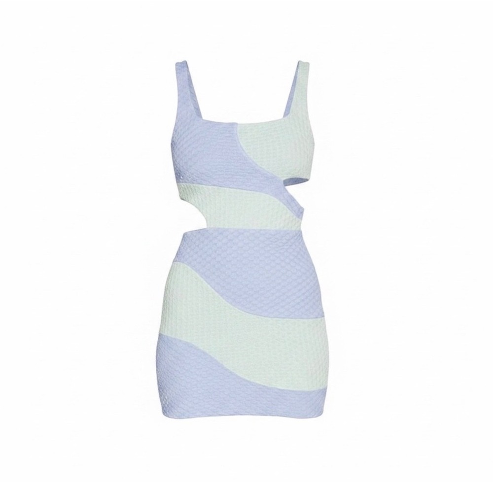 Lovers and Friends Dress Women XL Blue Mint Waves Mini Cut Out Textured